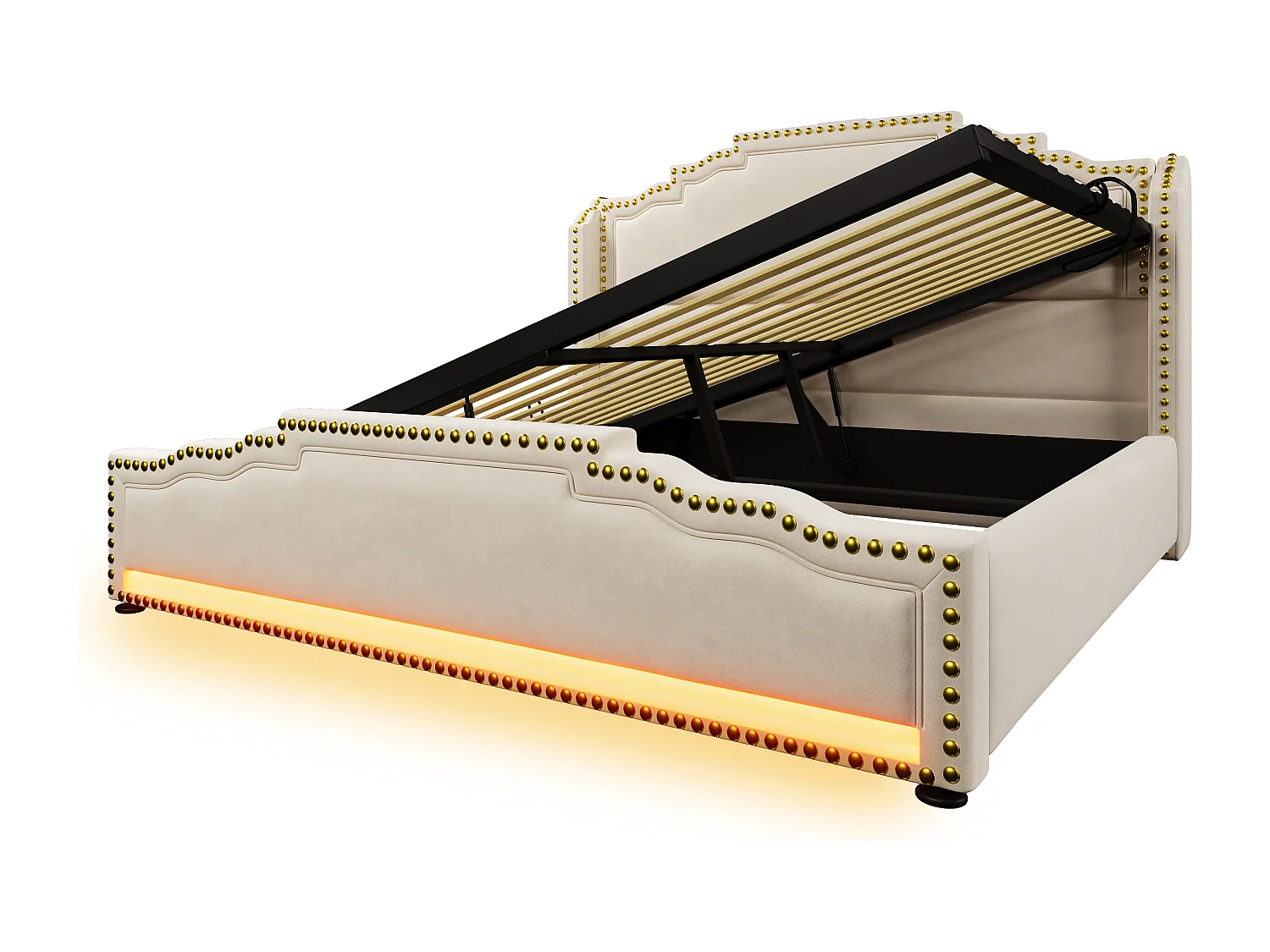 Tweepersoonsbed 160x200 met hydraulische opbergruimte, ledverlichting en USB-C-aansluiting, in beige fluweel, inclusief matras (213x170x120 cm)