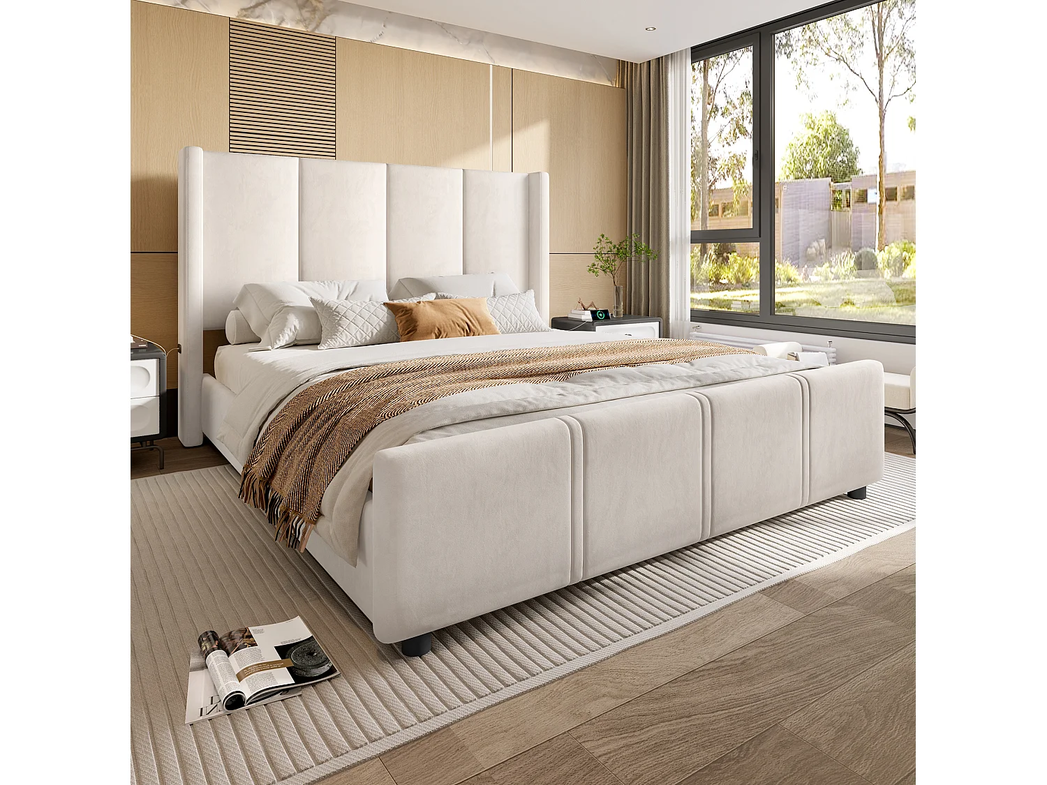 Fluwelen bed met hoog hoofdeinde, USB/Type-C, LED-verlichting, hydraulisch liftsysteem en grote opbergruimte (140x200 cm) – Beige