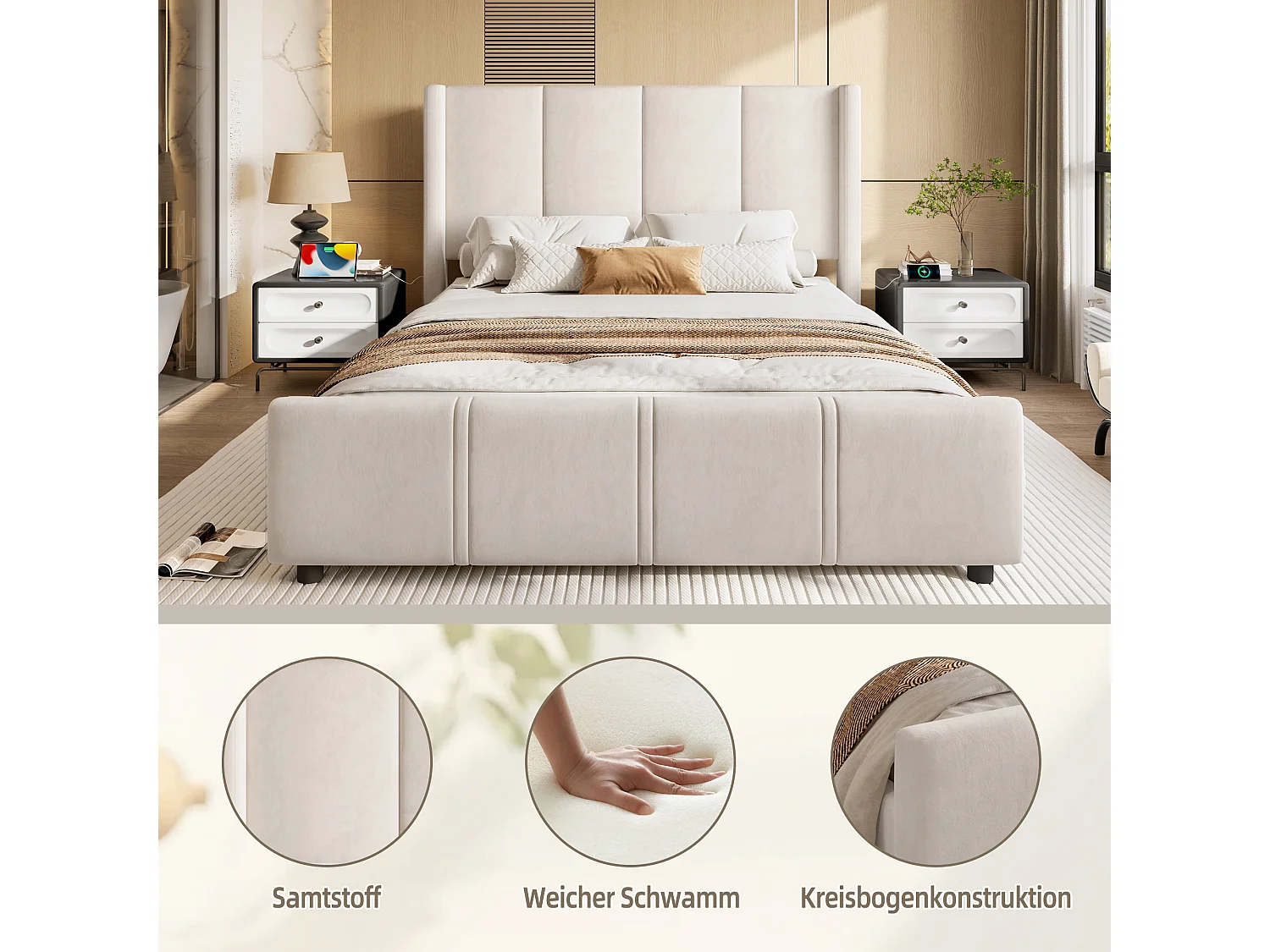 Fluwelen bed met hoog hoofdeinde, USB/Type-C, LED-verlichting, hydraulisch liftsysteem en grote opbergruimte (140x200 cm) – Beige