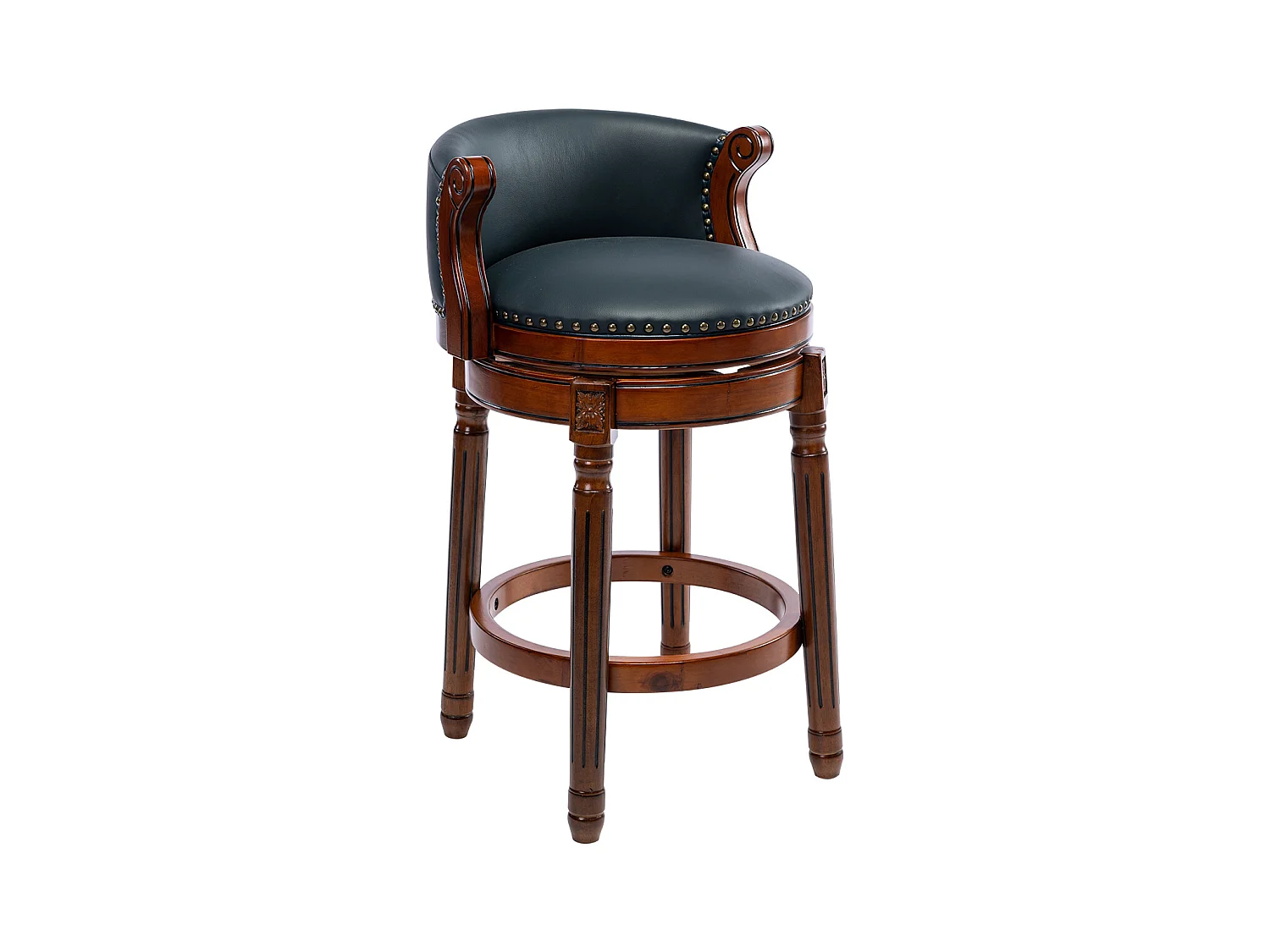 Barkruk van echt leer met rugleuning, 360° draaibaar, houten frame, blauw (54,8x54,8x96 cm)