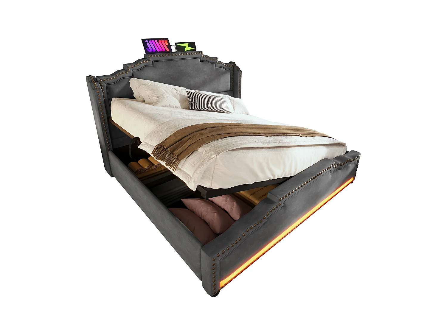 Lit double 140x200 avec espace de rangement hydraulique, éclairage LED et prise USB-C, en velours gris (213x150x120 cm)