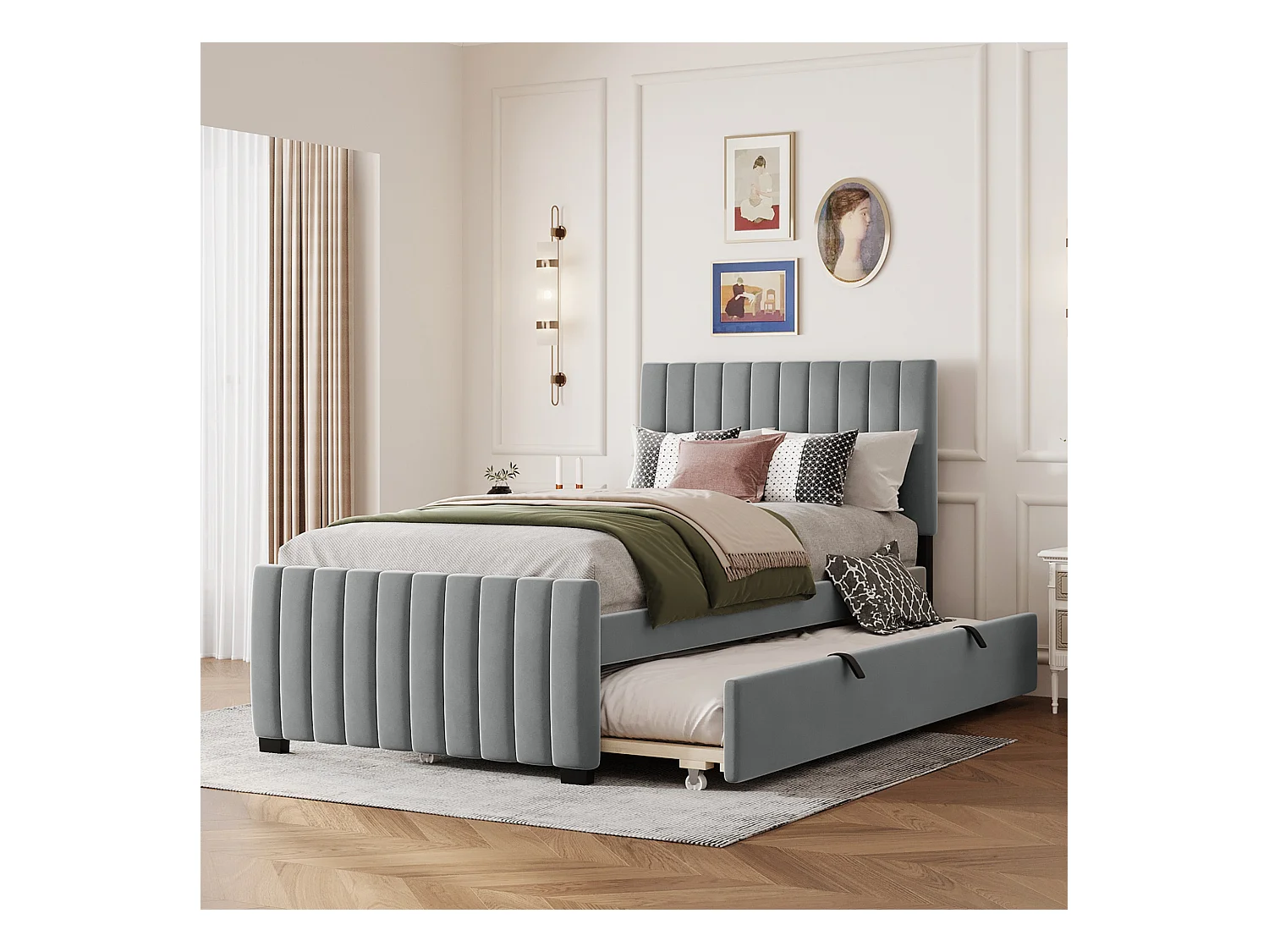 Lit avec lit extensible, tissu velours gris, 90x190 cm, pour enfants et invités (203x100x107 cm)