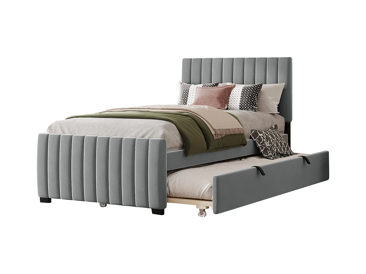 Lit avec lit extensible, tissu velours gris, 90x190 cm, pour enfants et invités (203x100x107 cm)