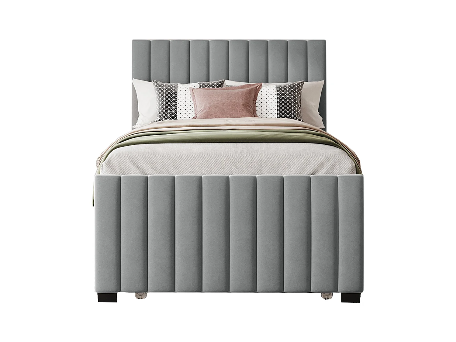 Lit avec lit extensible, tissu velours gris, 90x190 cm, pour enfants et invités (203x100x107 cm)