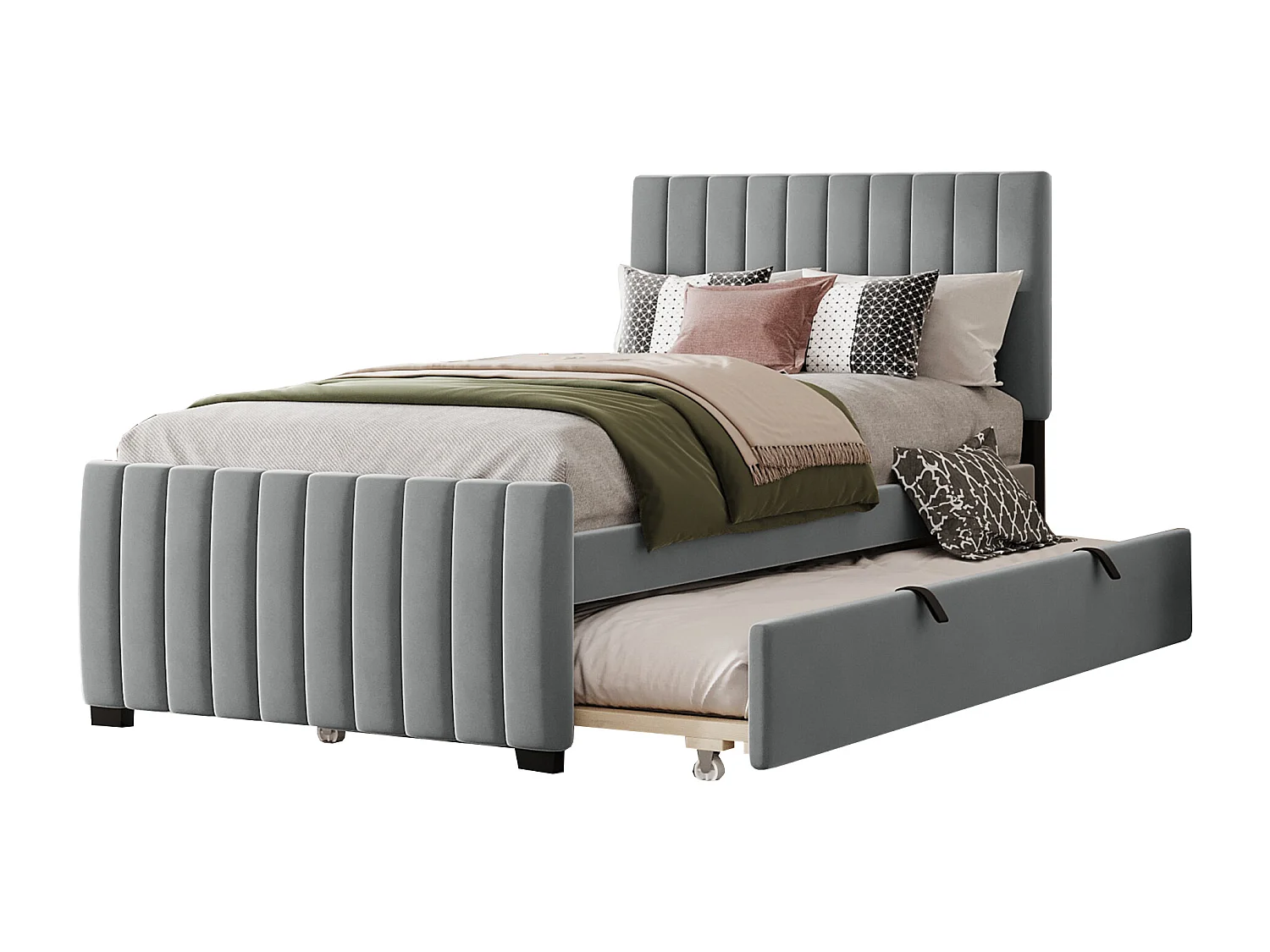 Lit avec lit extensible, tissu velours gris, 90x190 cm, pour enfants et invités (203x100x107 cm)