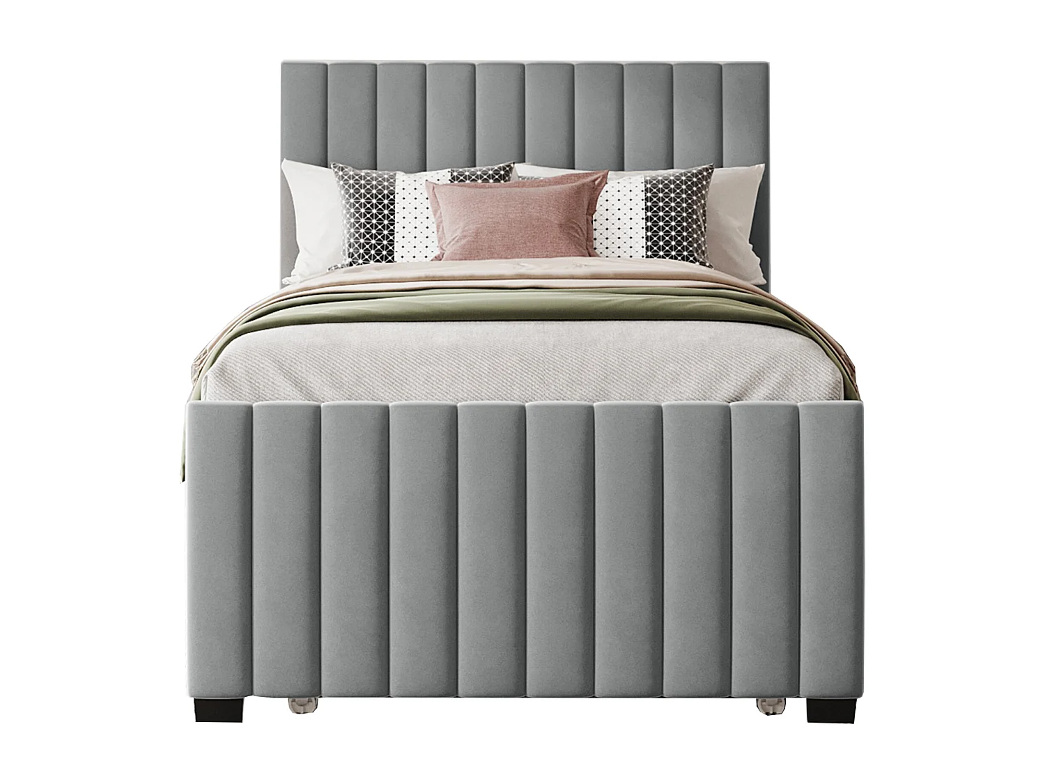 Lit avec lit extensible, tissu velours gris, 90x190 cm, pour enfants et invités (203x100x107 cm)