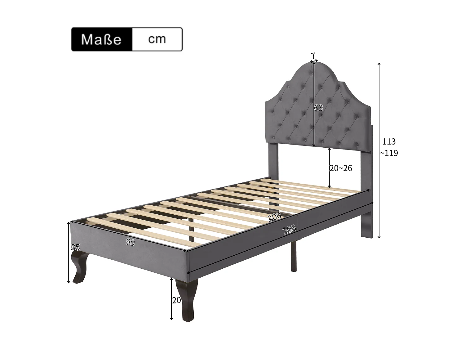 Fluwelen bed, hydraulisch verstelbaar hoofdeinde, 140x190 cm, met lattenbodem, grijs (209x149x91,5-96,5 cm)
