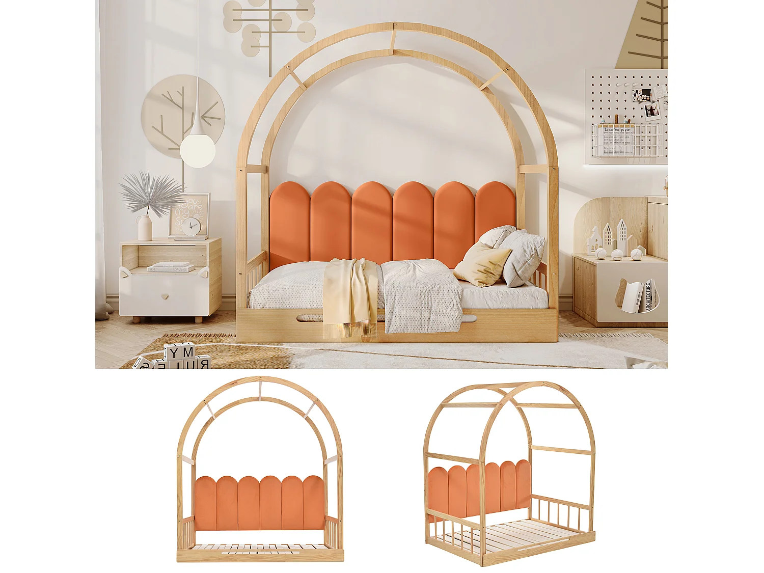 Uitschuifbaar bed met gebogen dak, bed voor kinderen en volwassenen, frame van dennenhout, beige fluweel, met matras (204,5x152x170 cm)