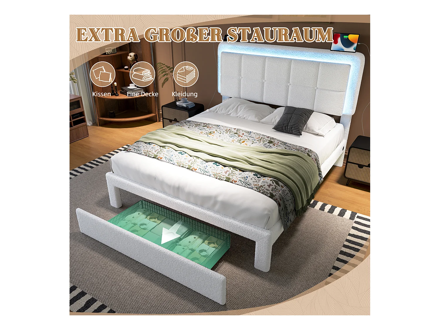 Lit moderne en velours Teddy, cadre en métal et bois, tête de lit réglable, éclairage LED et port USB, 160x200 cm