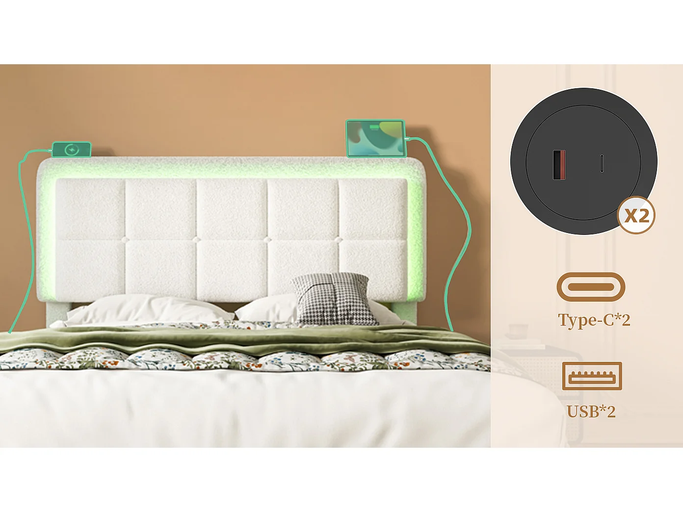 Lit moderne en velours Teddy, cadre en métal et bois, tête de lit réglable, éclairage LED et port USB, 160x200 cm