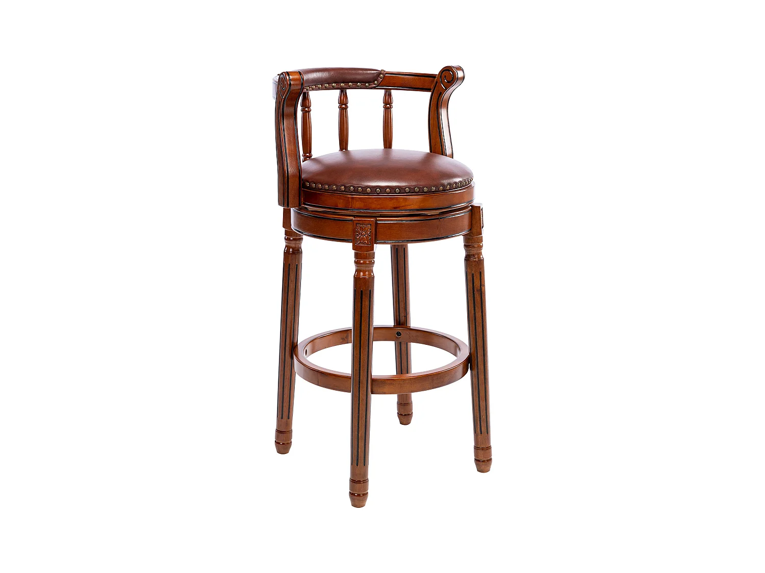 Barkruk van echt leer - modern design met rugleuning, houten frame, 360° draaibaar, bruin (54,8x54,8x96 cm)