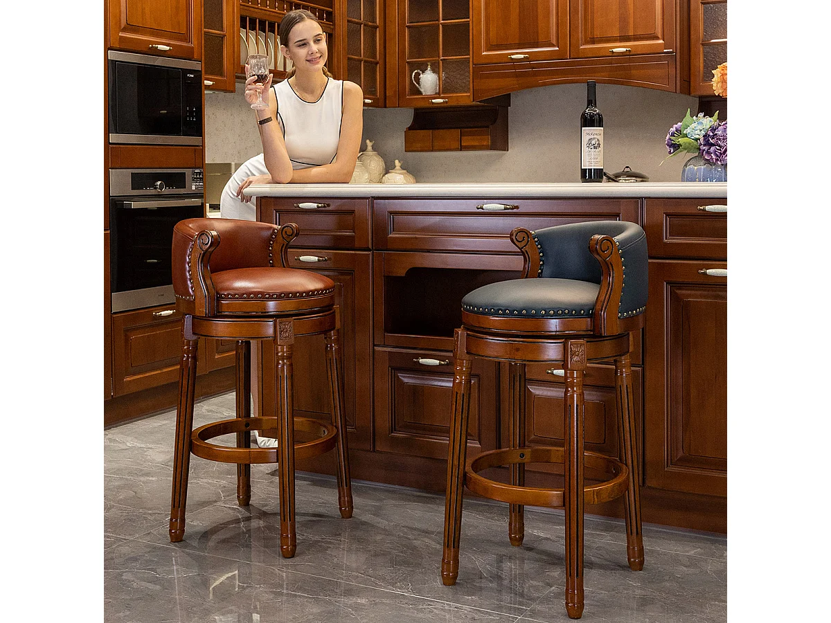 Tabouret de Bar Pivotant 360° en Cuir Véritable et Bois, Design Moderne, Bleu (54.8x54.8x96 cm)