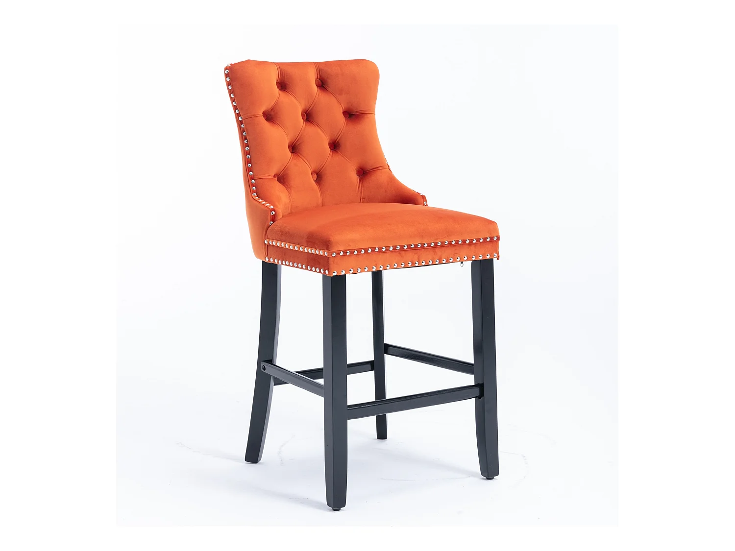 Moderne barkruk, gestoffeerd, massief hout, houten onderstel, chromen klinknagels, fluweel, oranje (60x50x103 cm)