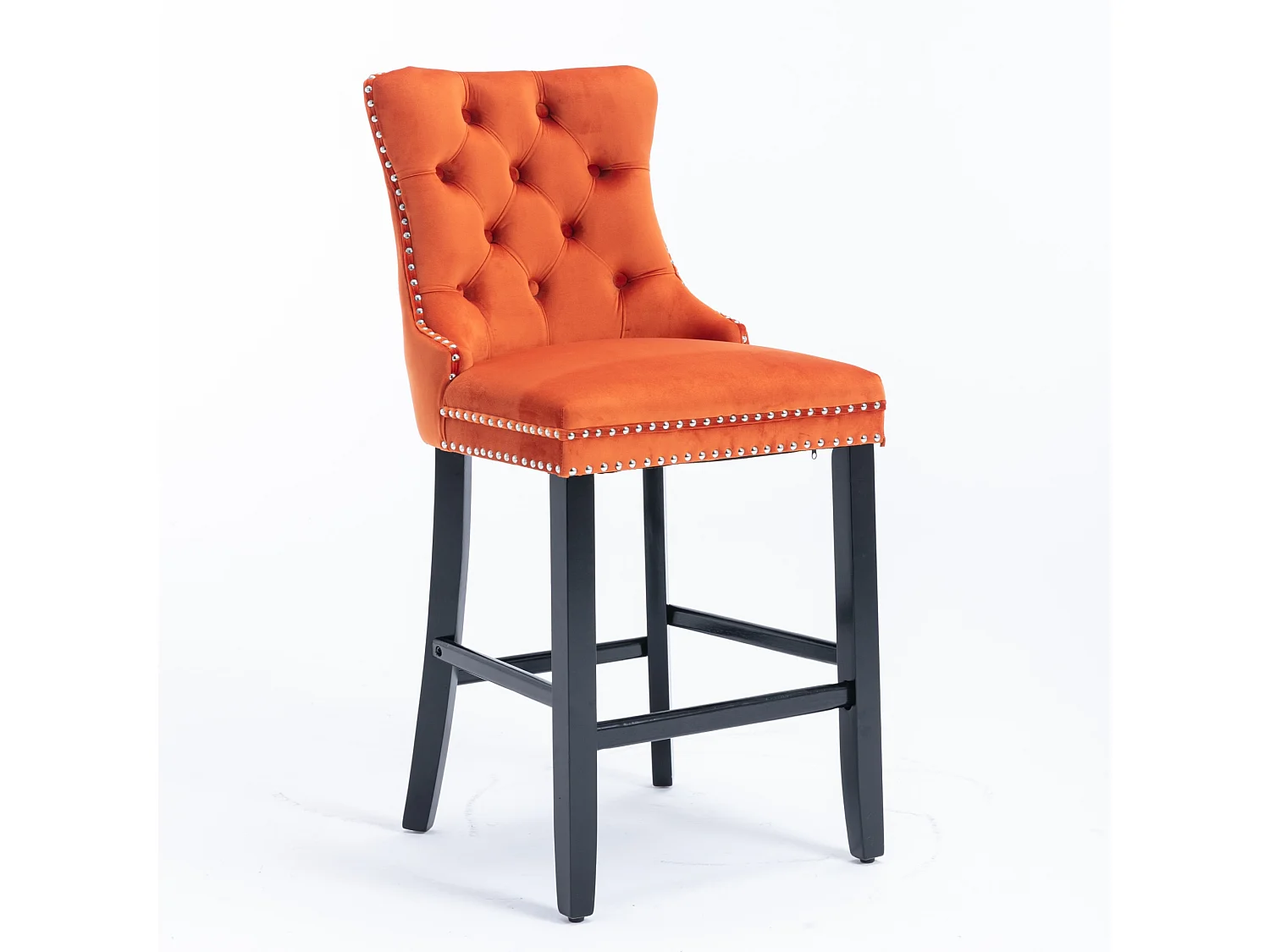Tabouret de bar contemporain, capitonné, bois massif, piètement bois, rivets chromés, velours, orange (60x50x103 cm)