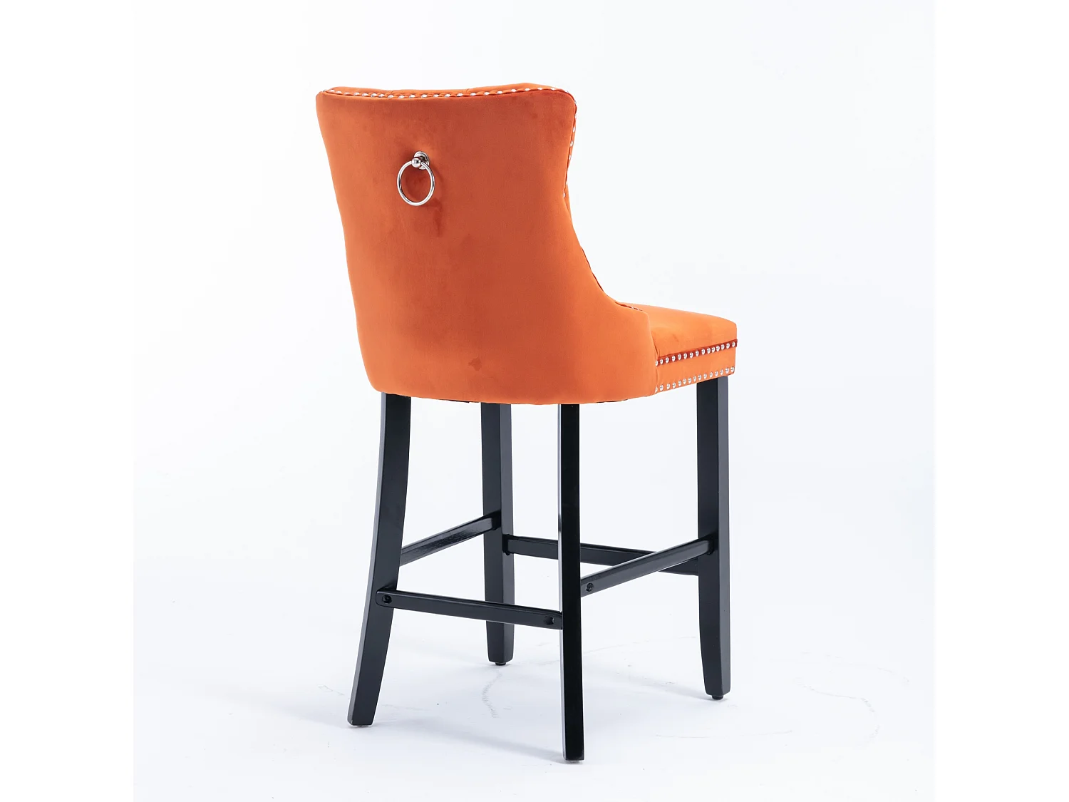 Tabouret de bar contemporain, capitonné, bois massif, piètement bois, rivets chromés, velours, orange (60x50x103 cm)