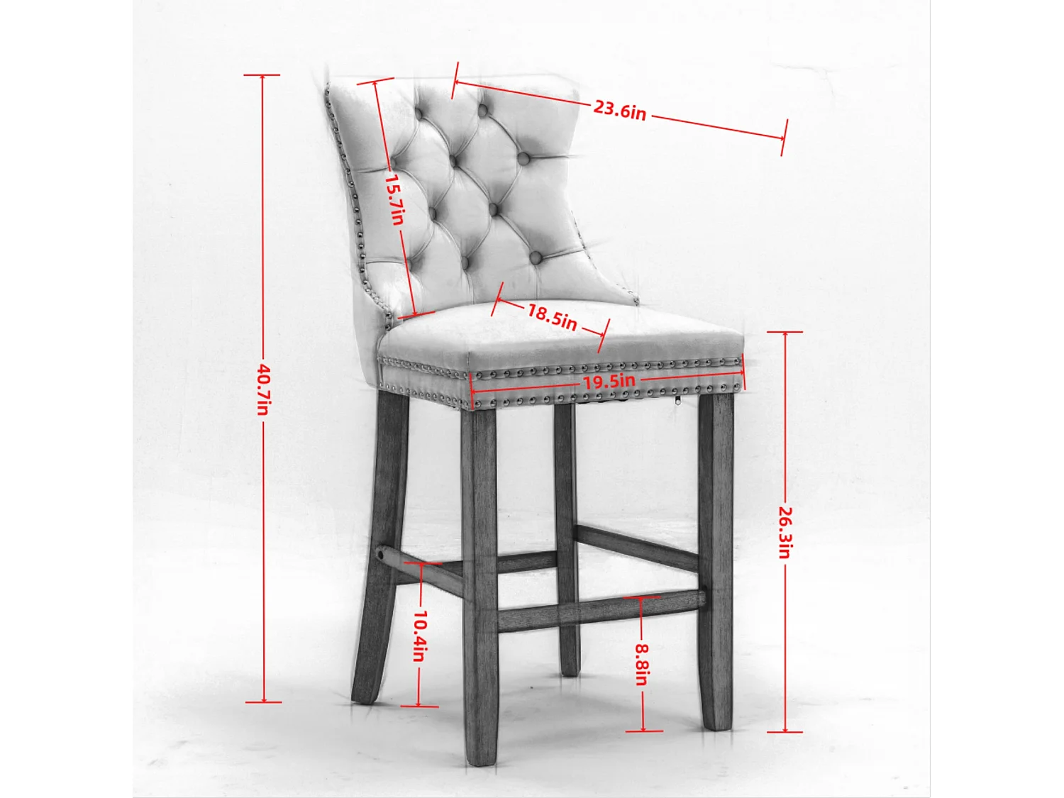 Tabouret de bar contemporain, capitonné, bois massif, piètement bois, rivets chromés, velours, orange (60x50x103 cm)