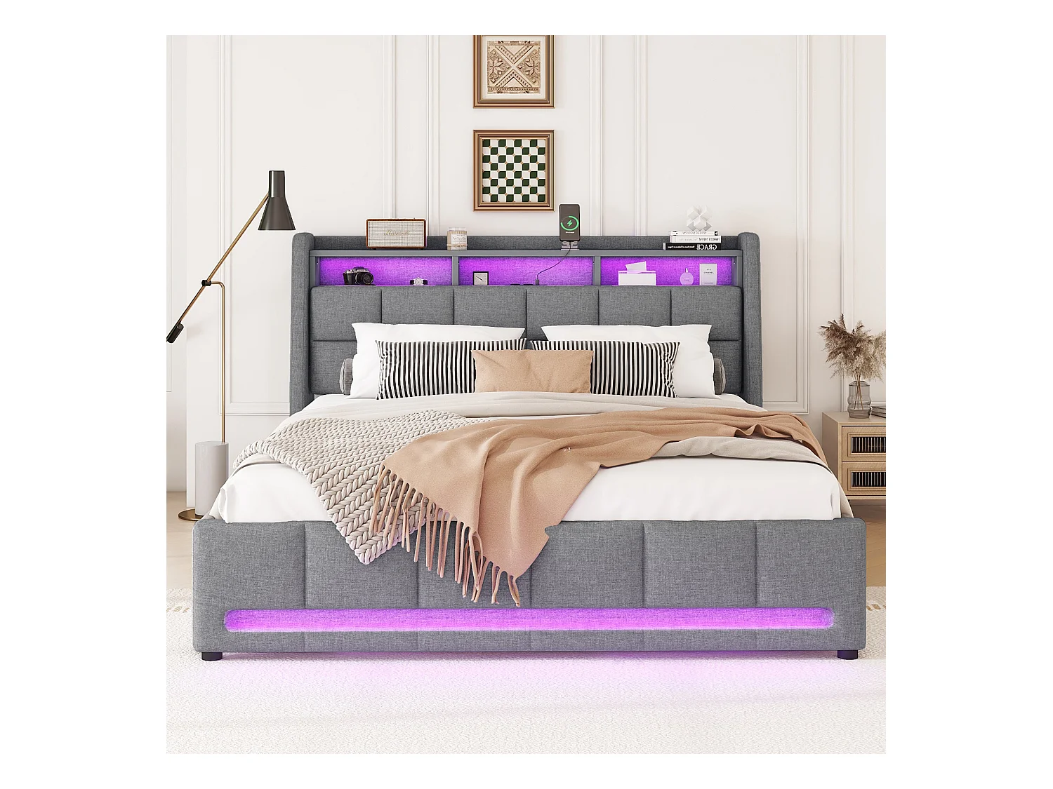 Lit rembourré 140 x 200 cm, sans matelas, lumière ambiante LED avec télécommande, lit avec tiroirs et prises USB, tissu lin, gris (224x153x110 cm)