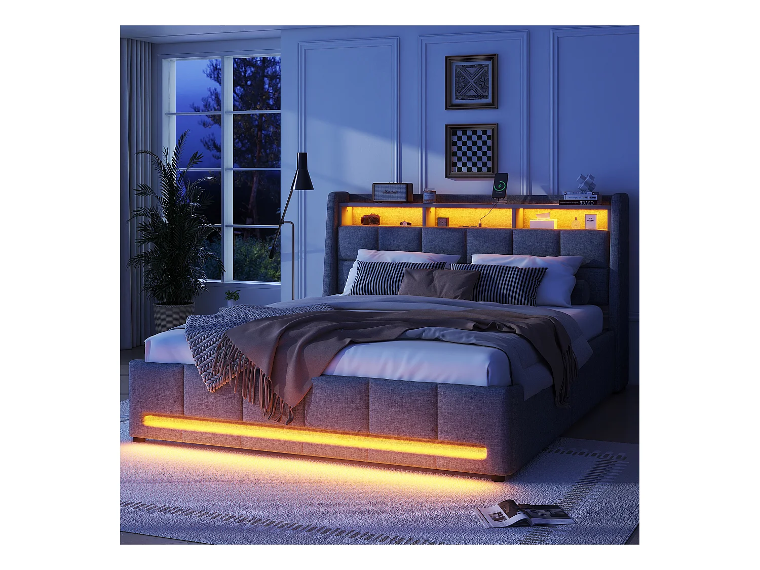 Lit rembourré 140 x 200 cm, sans matelas, lumière ambiante LED avec télécommande, lit avec tiroirs et prises USB, tissu lin, gris (224x153x110 cm)