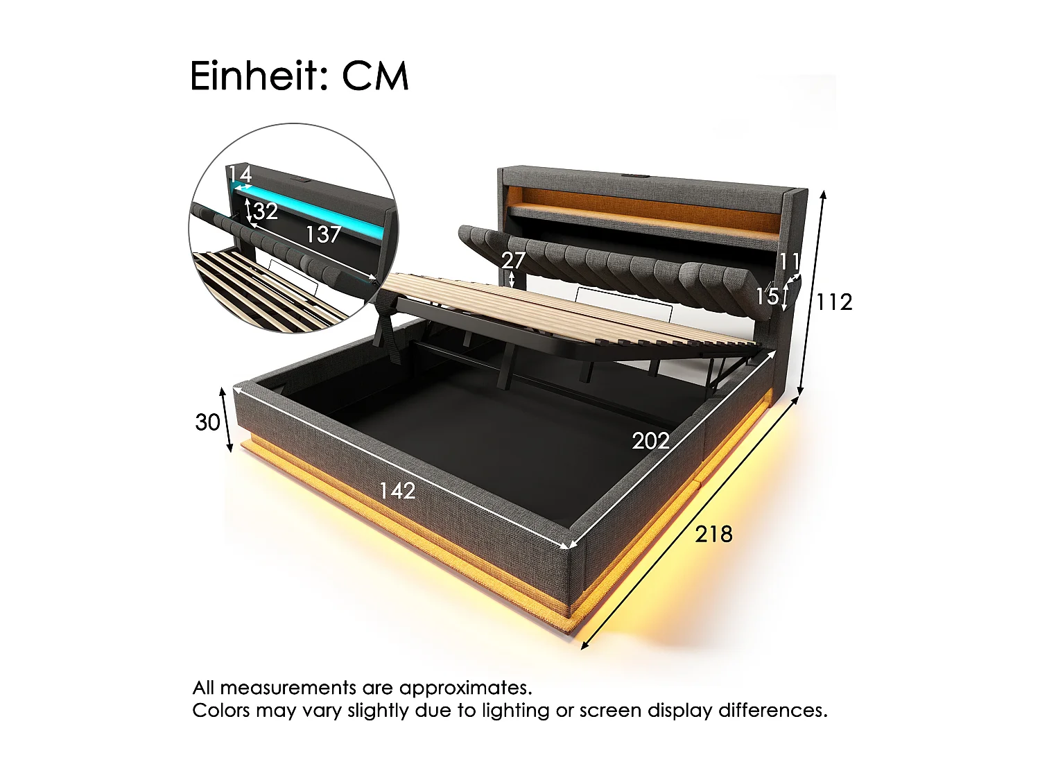 Lit 140x200 cm avec tête de lit de rangement, ports USB et Type-C, éclairage LED, stockage hydraulique, lin gris (218x142x112 cm)