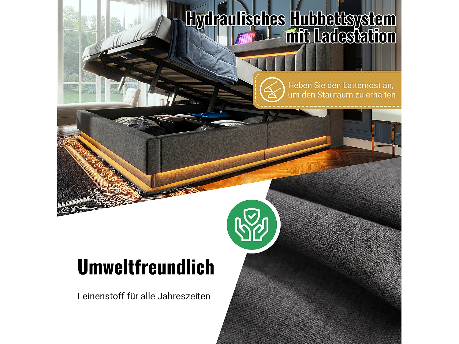 Lit 140x200 cm avec tête de lit de rangement, ports USB et Type-C, éclairage LED, stockage hydraulique, lin gris (218x142x112 cm)