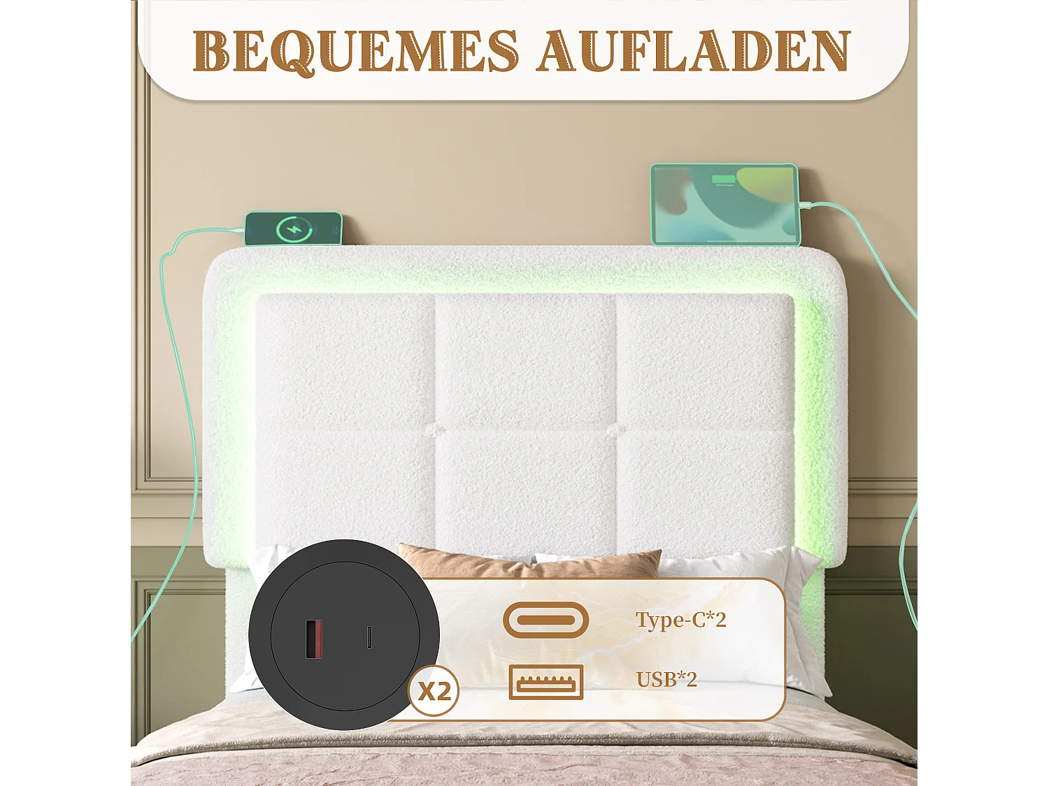 Lit en velours Teddy avec cadre en métal et bois, tête de lit réglable, éclairage LED, port USB, 90x200 cm