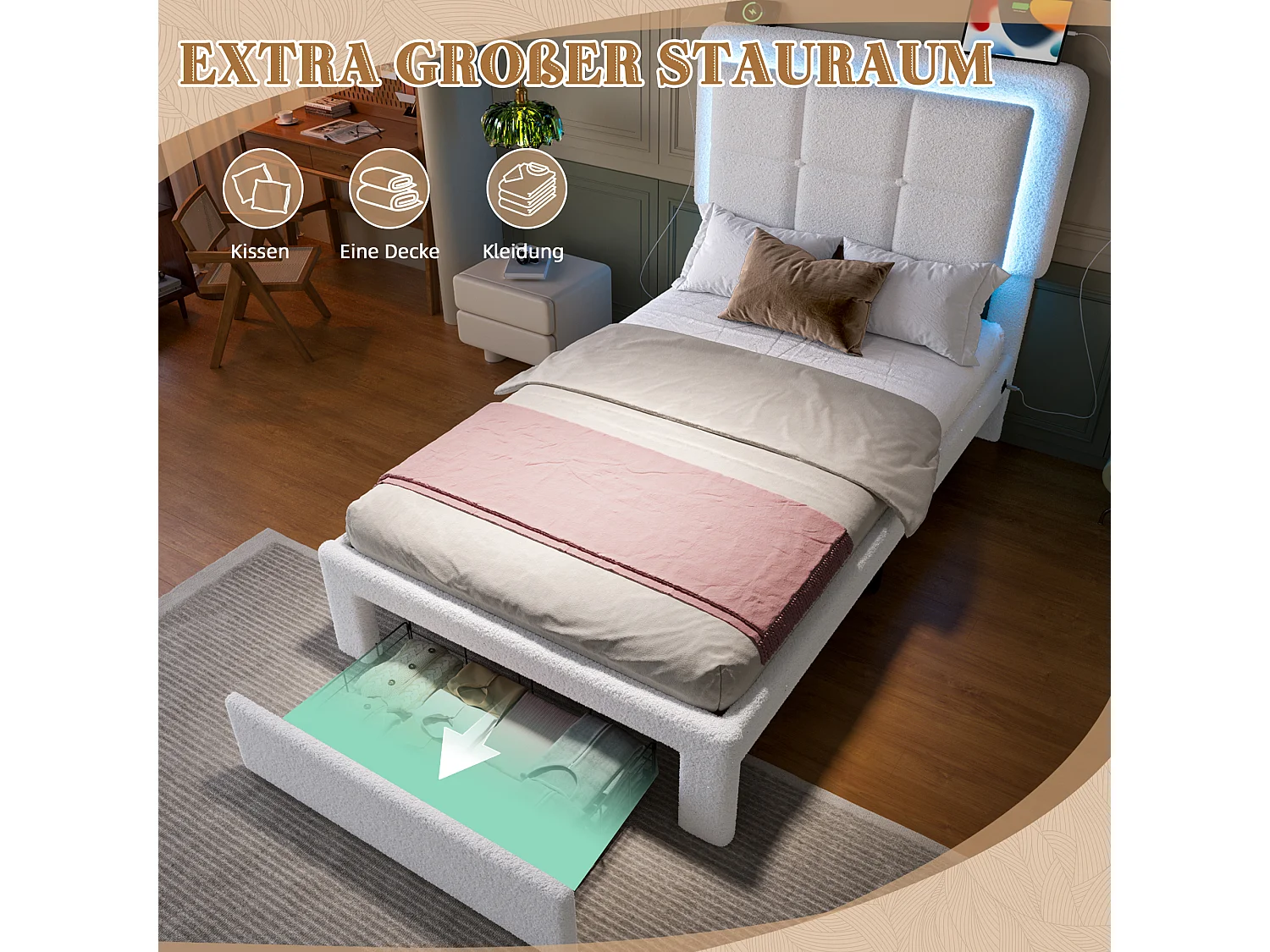 Lit en velours Teddy avec cadre en métal et bois, tête de lit réglable, éclairage LED, port USB, 90x200 cm