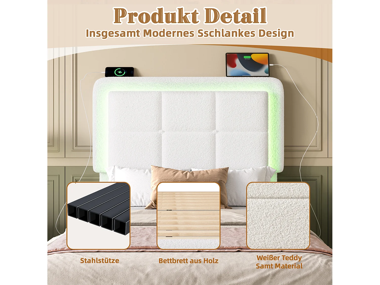 Lit en velours Teddy avec cadre en métal et bois, tête de lit réglable, éclairage LED, port USB, 90x200 cm