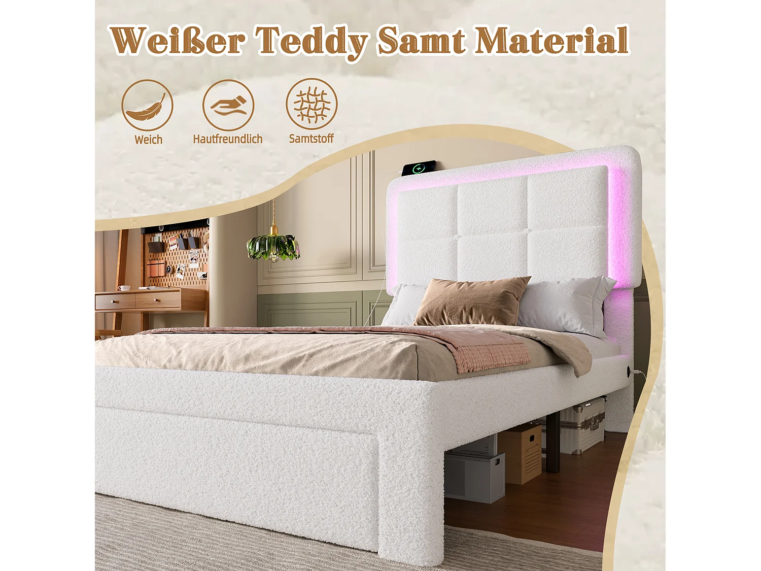 Lit en velours Teddy avec cadre en métal et bois, tête de lit réglable, éclairage LED, port USB, 90x200 cm