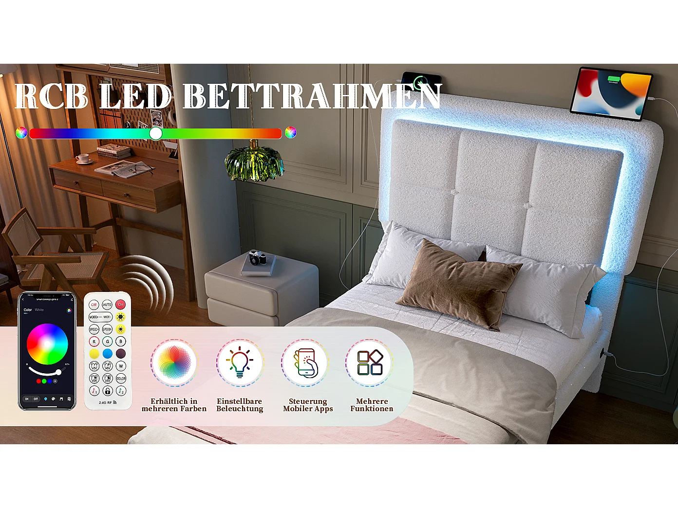 Lit en velours Teddy avec cadre en métal et bois, tête de lit réglable, éclairage LED, port USB, 90x200 cm