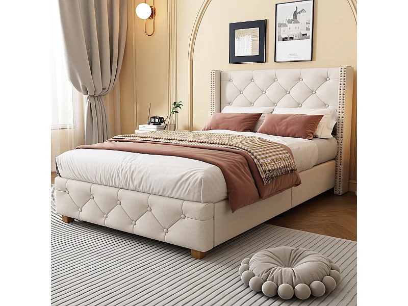 Lit capitonné 90 x 200 cm avec sommier à lattes, tête de lit, boutons et clous décoratifs, lin beige (205x100x108 cm)
