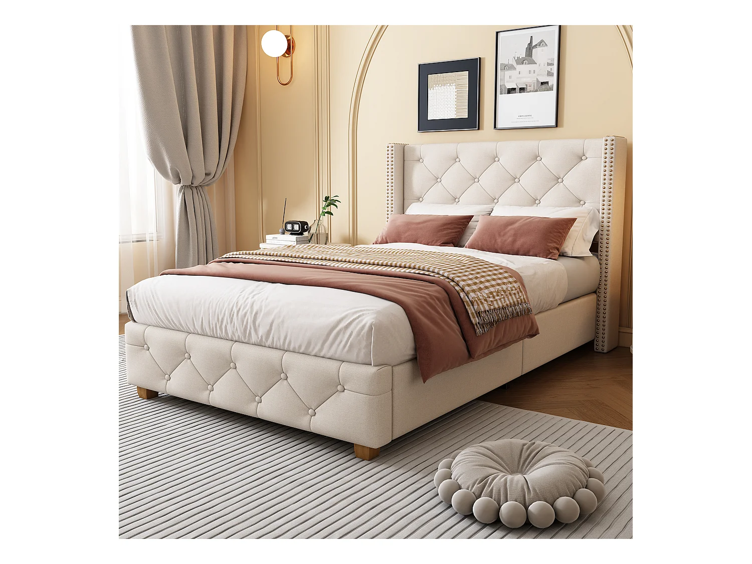 Lit capitonné 90 x 200 cm avec sommier à lattes, tête de lit, boutons et clous décoratifs, lin beige (205x100x108 cm)