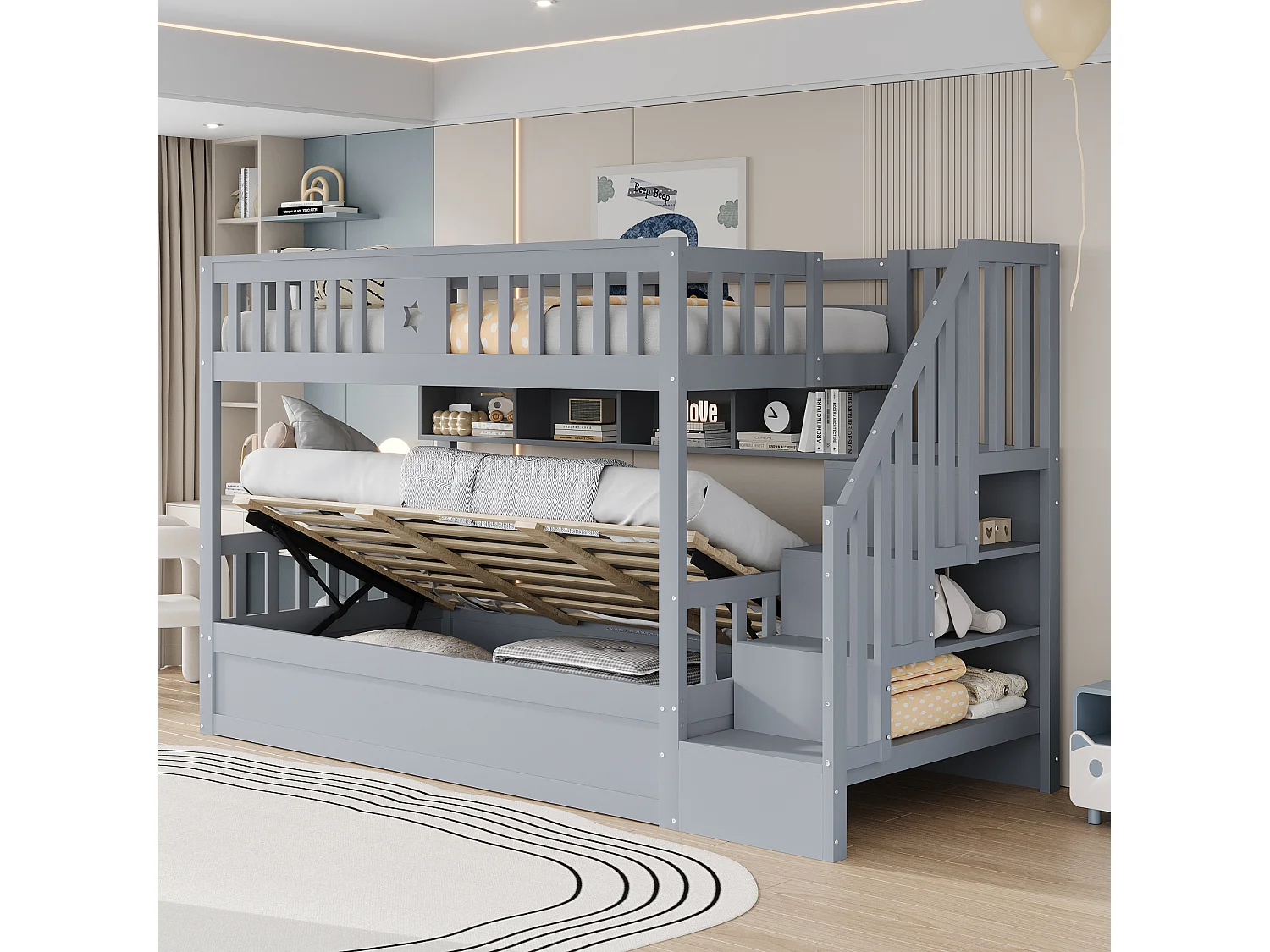 Lit mezzanine 90\200 cm, avec échelle sécurisée et rangement intégré, bois, gris (253x95x151 cm)