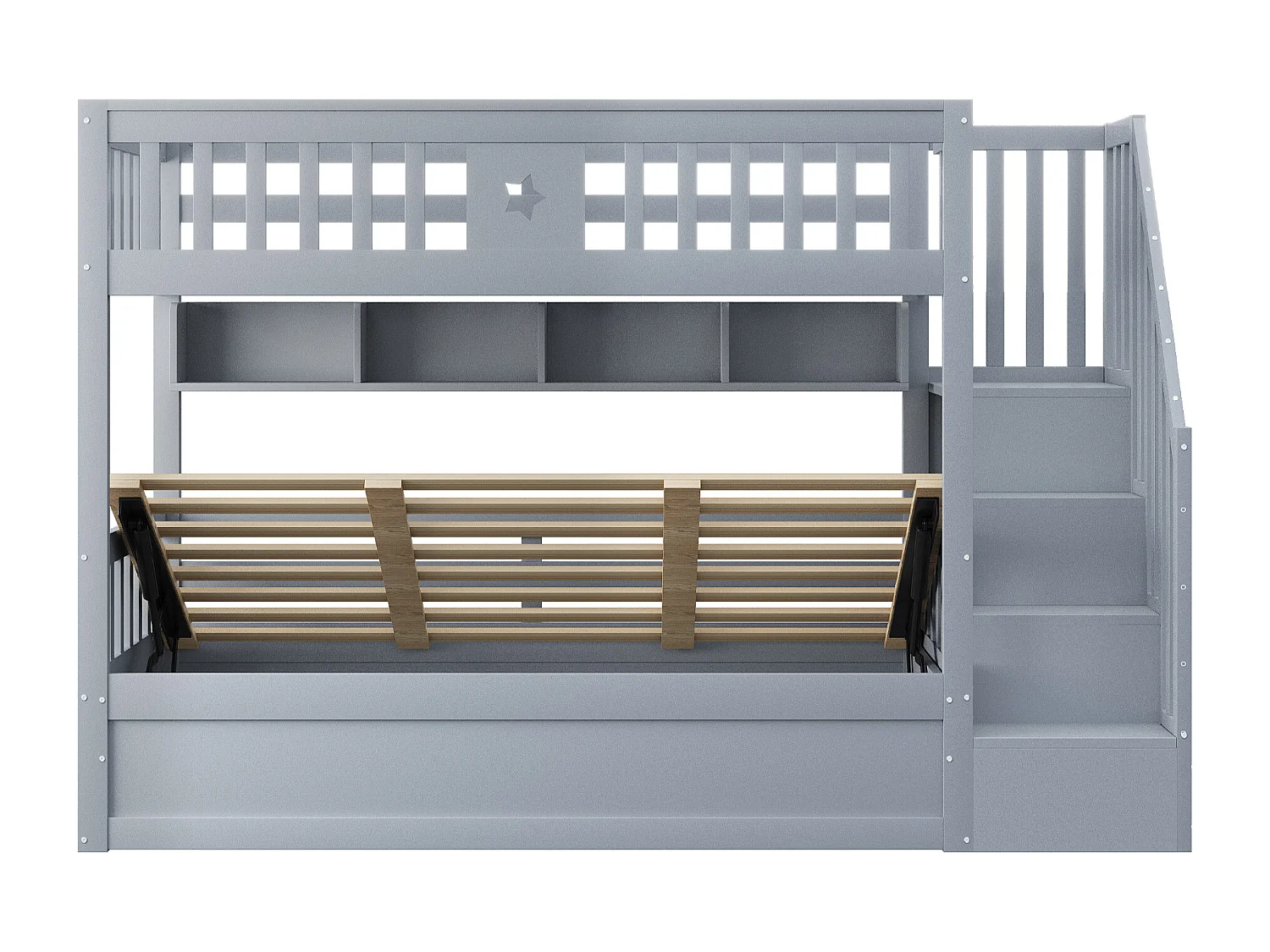 Lit mezzanine 90\200 cm, avec échelle sécurisée et rangement intégré, bois, gris (253x95x151 cm)