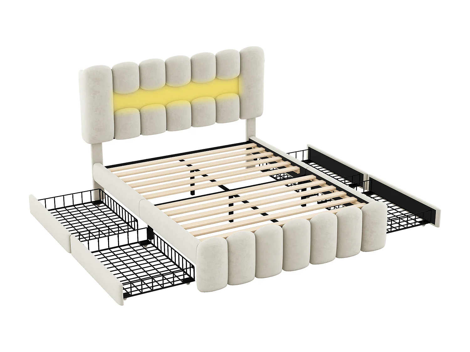 Lit 140x200 cm, avec 4 tiroirs, tête de lit avec éclairage LED, USB et enceinte stéréo, en velours beige (222x151x124 cm)