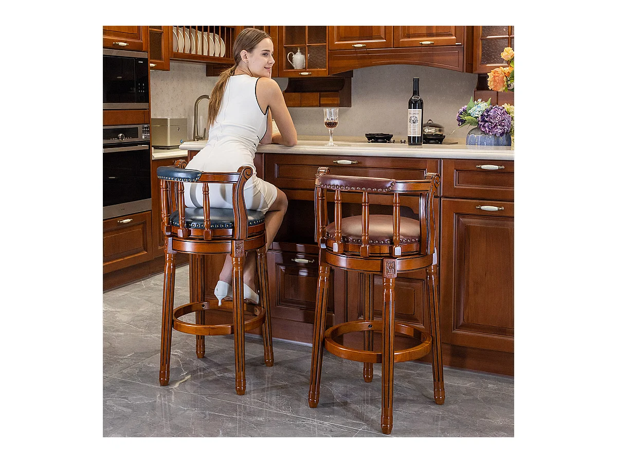 Tabouret de Bar Pivotant 360° en Cuir Véritable, Bois, Design Moderne, Bleu (54.8x54.8x96 cm)