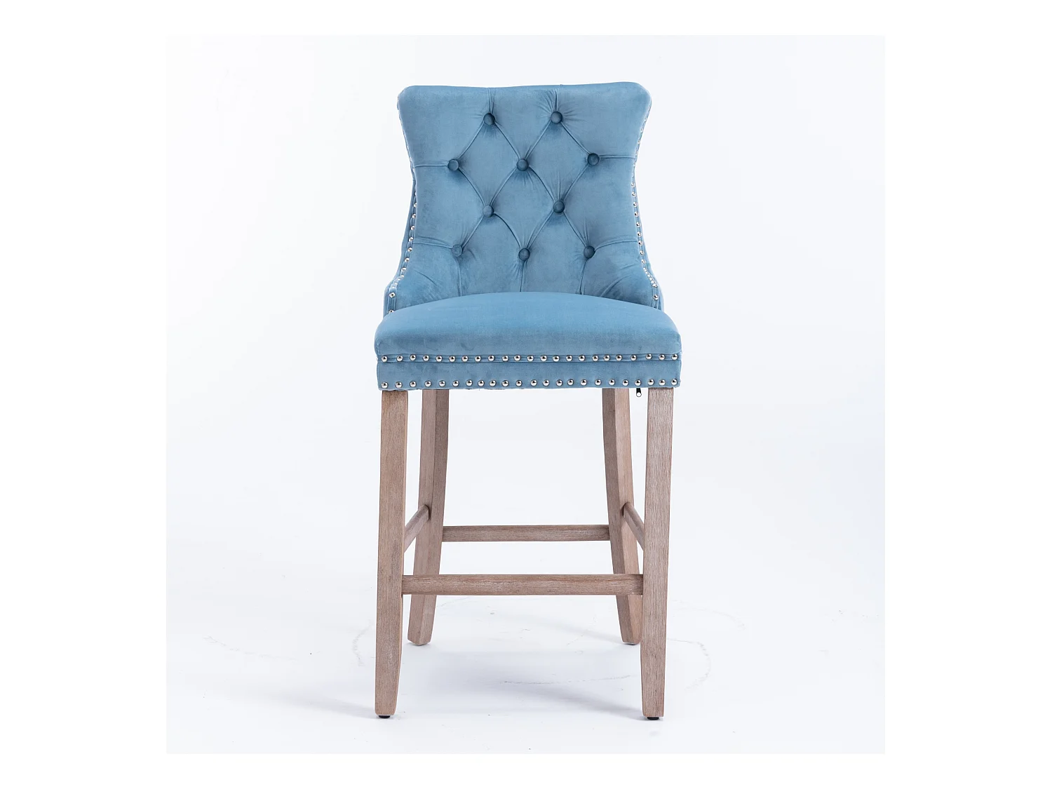 Tabouret de bar contemporain, capitonné, bois massif, piètement bois, rivets chromés, velours, bleu clair (60x50x103 cm)