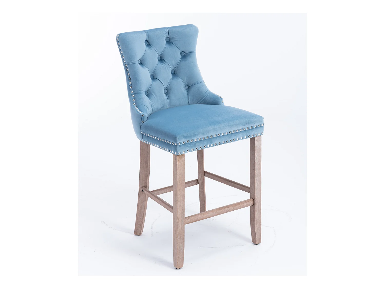 Tabouret de bar contemporain, capitonné, bois massif, piètement bois, rivets chromés, velours, bleu clair (60x50x103 cm)