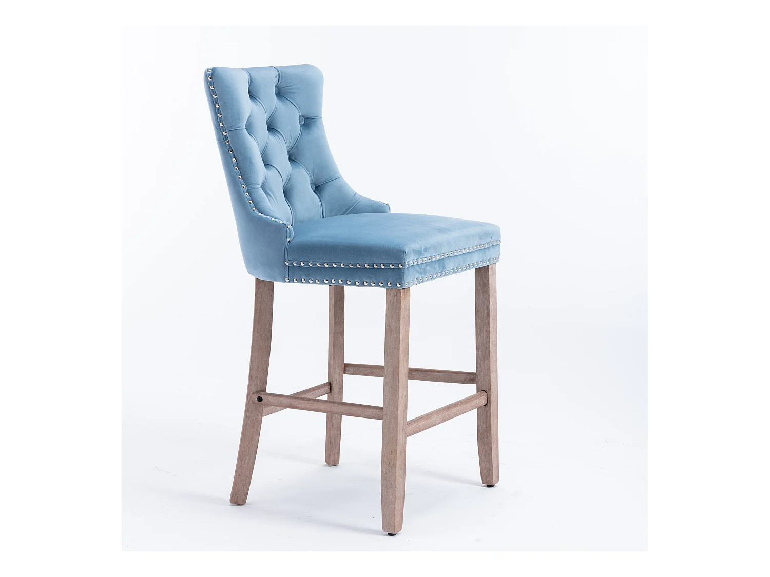 Tabouret de bar contemporain, capitonné, bois massif, piètement bois, rivets chromés, velours, bleu clair (60x50x103 cm)