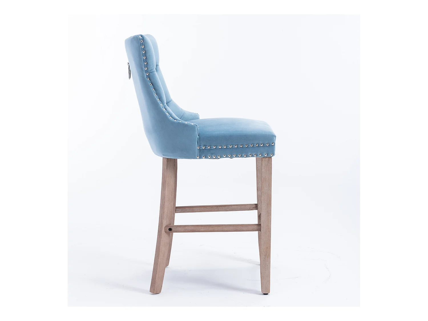 Tabouret de bar contemporain, capitonné, bois massif, piètement bois, rivets chromés, velours, bleu clair (60x50x103 cm)
