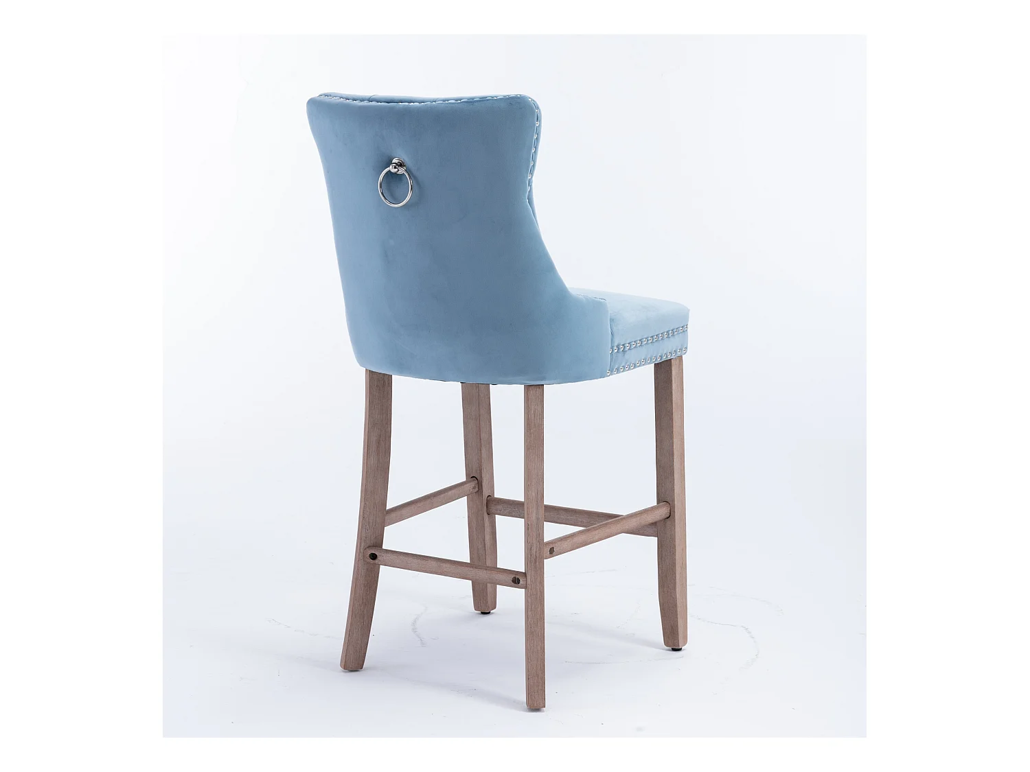 Tabouret de bar contemporain, capitonné, bois massif, piètement bois, rivets chromés, velours, bleu clair (60x50x103 cm)