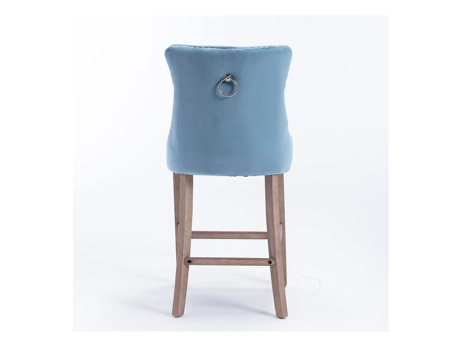 Tabouret de bar contemporain, capitonné, bois massif, piètement bois, rivets chromés, velours, bleu clair (60x50x103 cm)