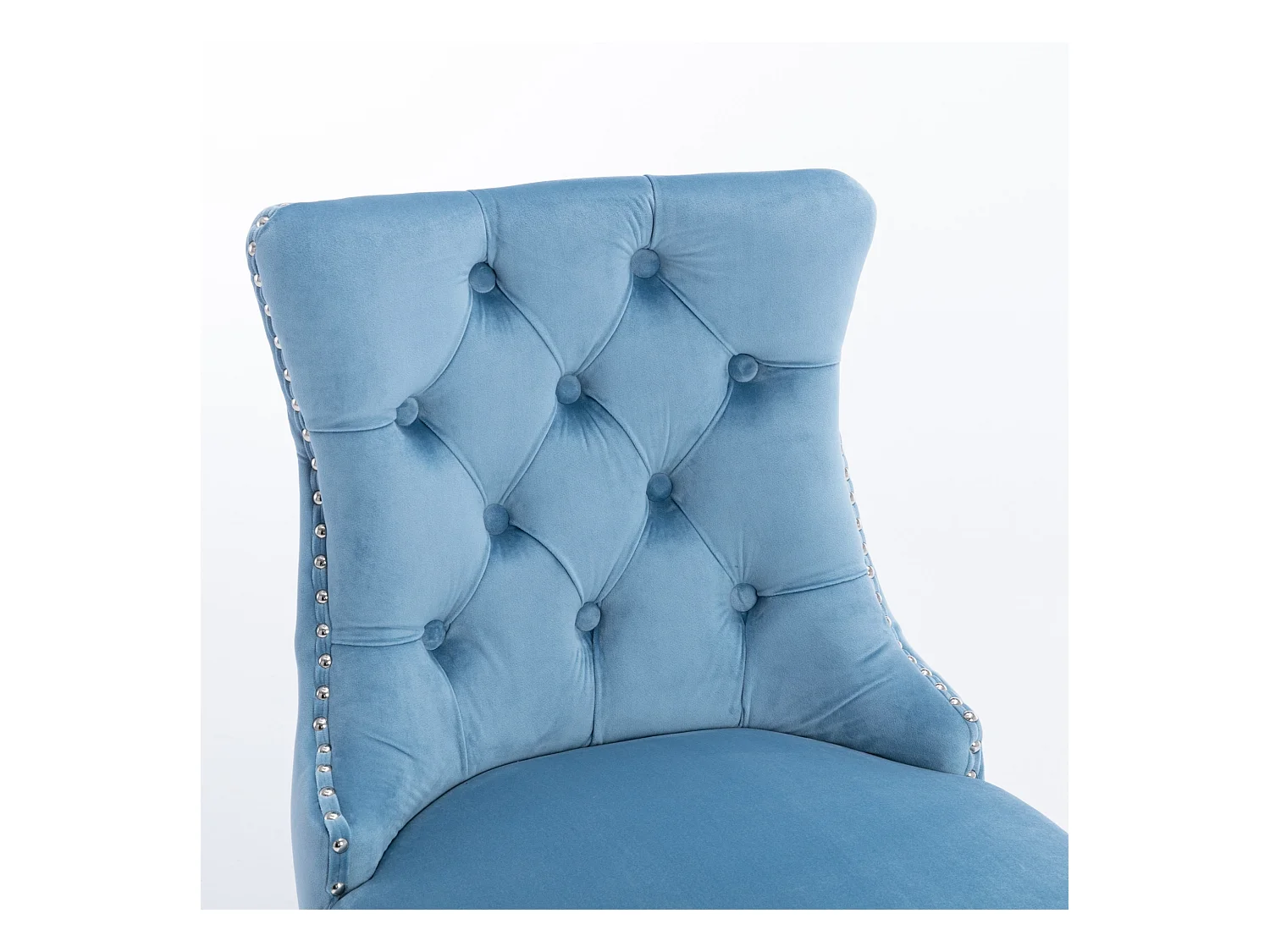 Tabouret de bar contemporain, capitonné, bois massif, piètement bois, rivets chromés, velours, bleu clair (60x50x103 cm)