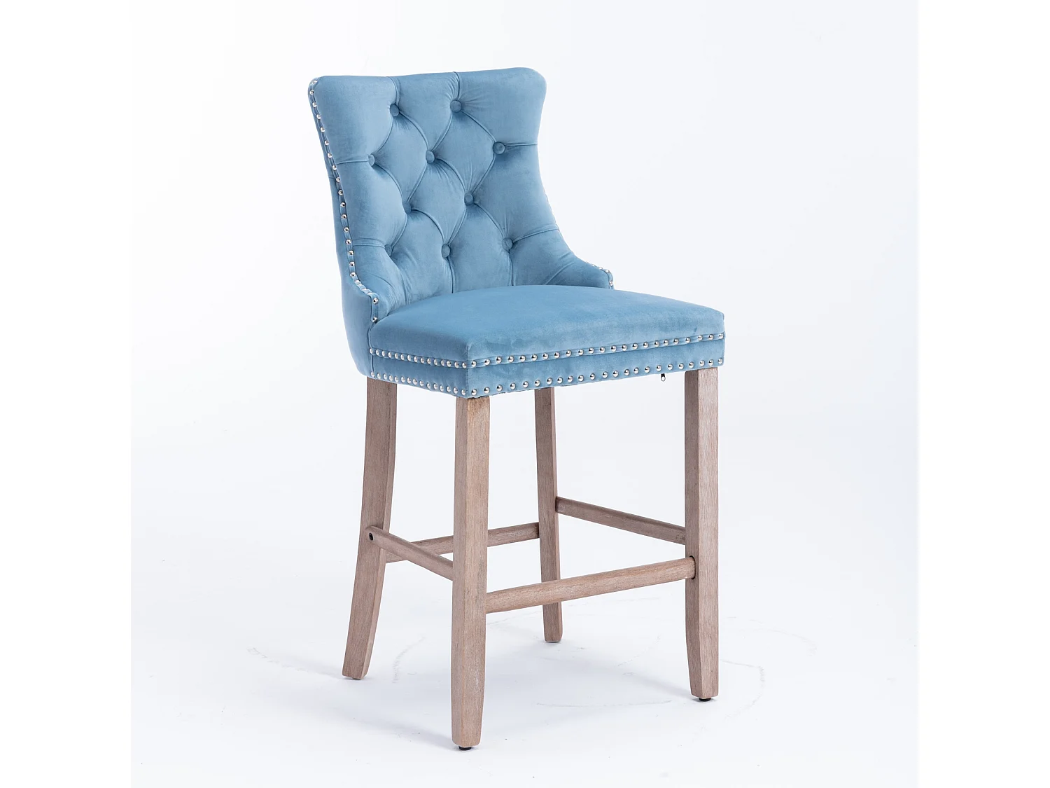 Tabouret de bar contemporain, capitonné, bois massif, piètement bois, rivets chromés, velours, bleu clair (60x50x103 cm)