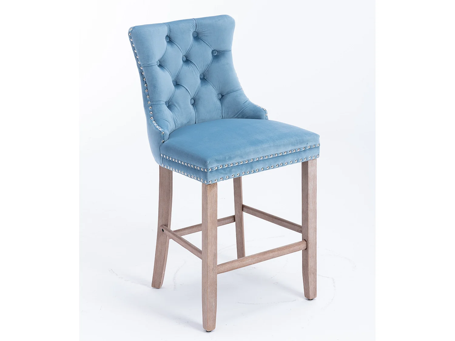 Tabouret de bar contemporain, capitonné, bois massif, piètement bois, rivets chromés, velours, bleu clair (60x50x103 cm)