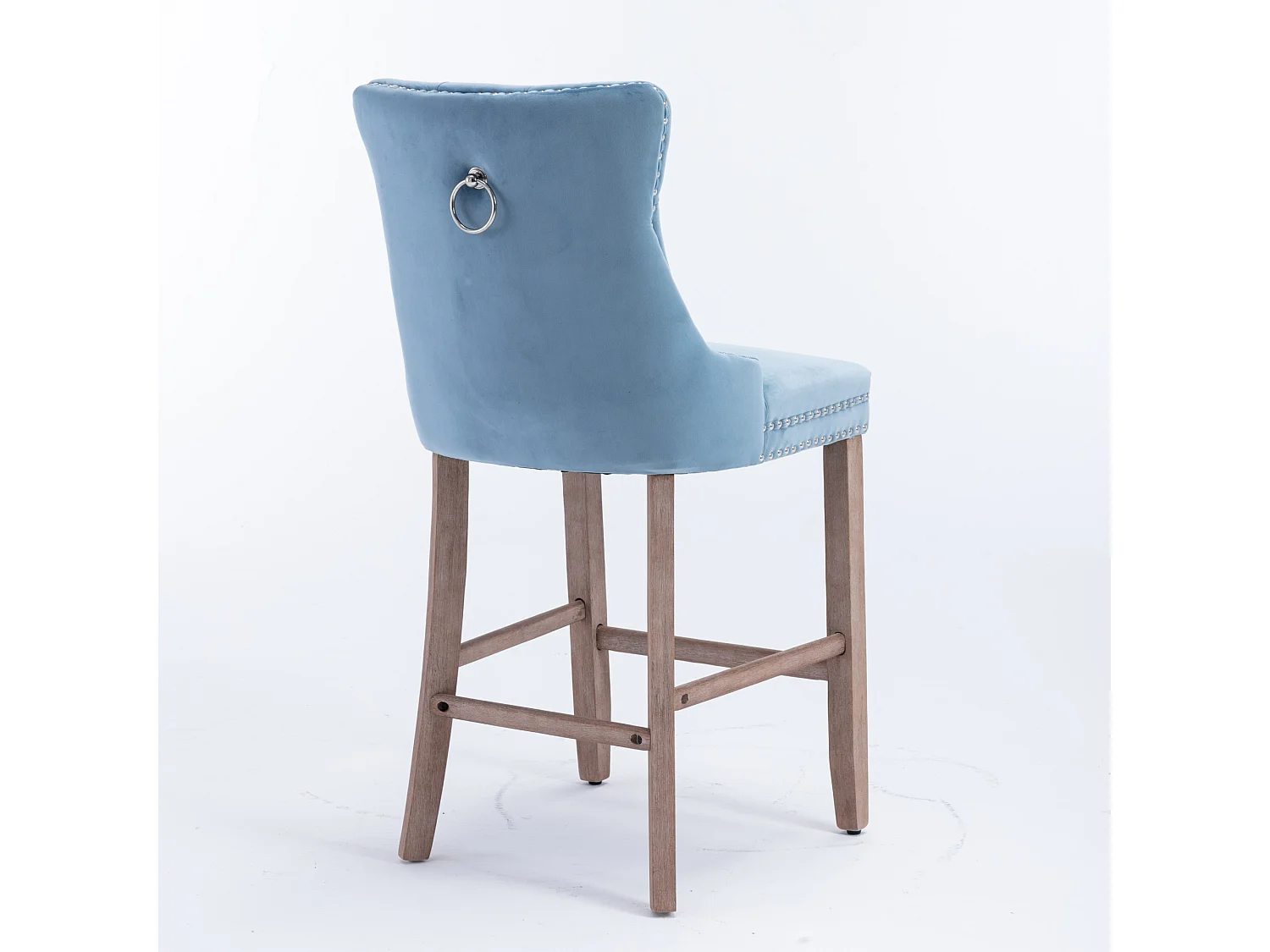 Tabouret de bar contemporain, capitonné, bois massif, piètement bois, rivets chromés, velours, bleu clair (60x50x103 cm)