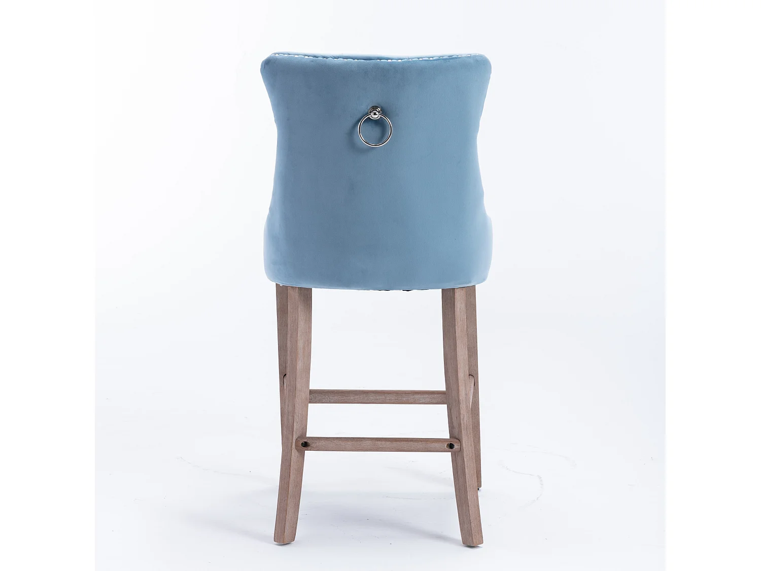 Tabouret de bar contemporain, capitonné, bois massif, piètement bois, rivets chromés, velours, bleu clair (60x50x103 cm)