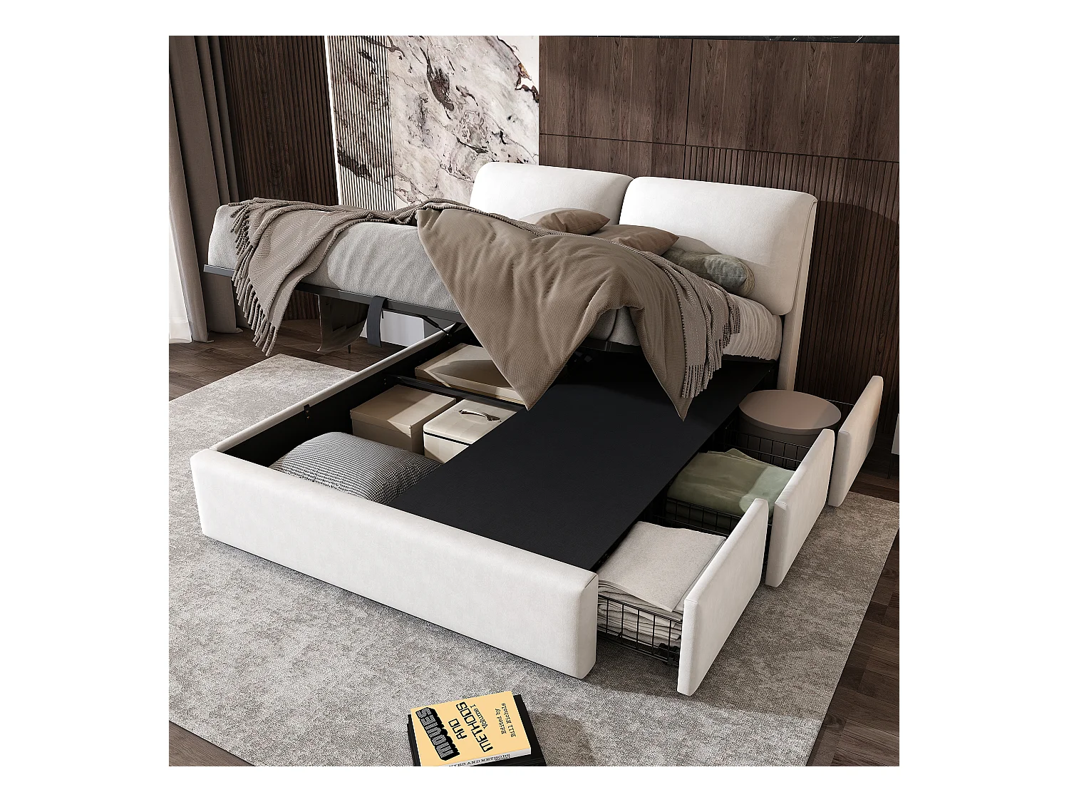 Lit avec coffre de rangement, hydraulique, 3 tiroirs, tête de lit en velours, Beige, (140x200 cm)