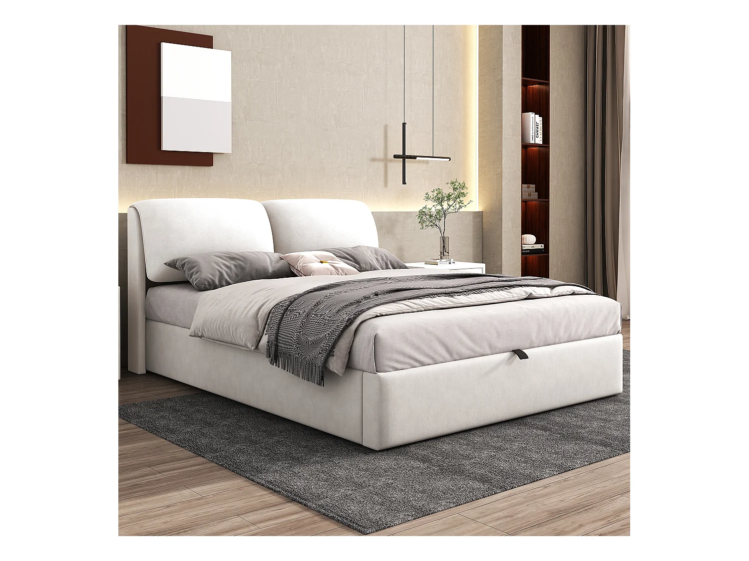 Lit avec coffre de rangement, hydraulique, 3 tiroirs, tête de lit en velours, Beige, (140x200 cm)