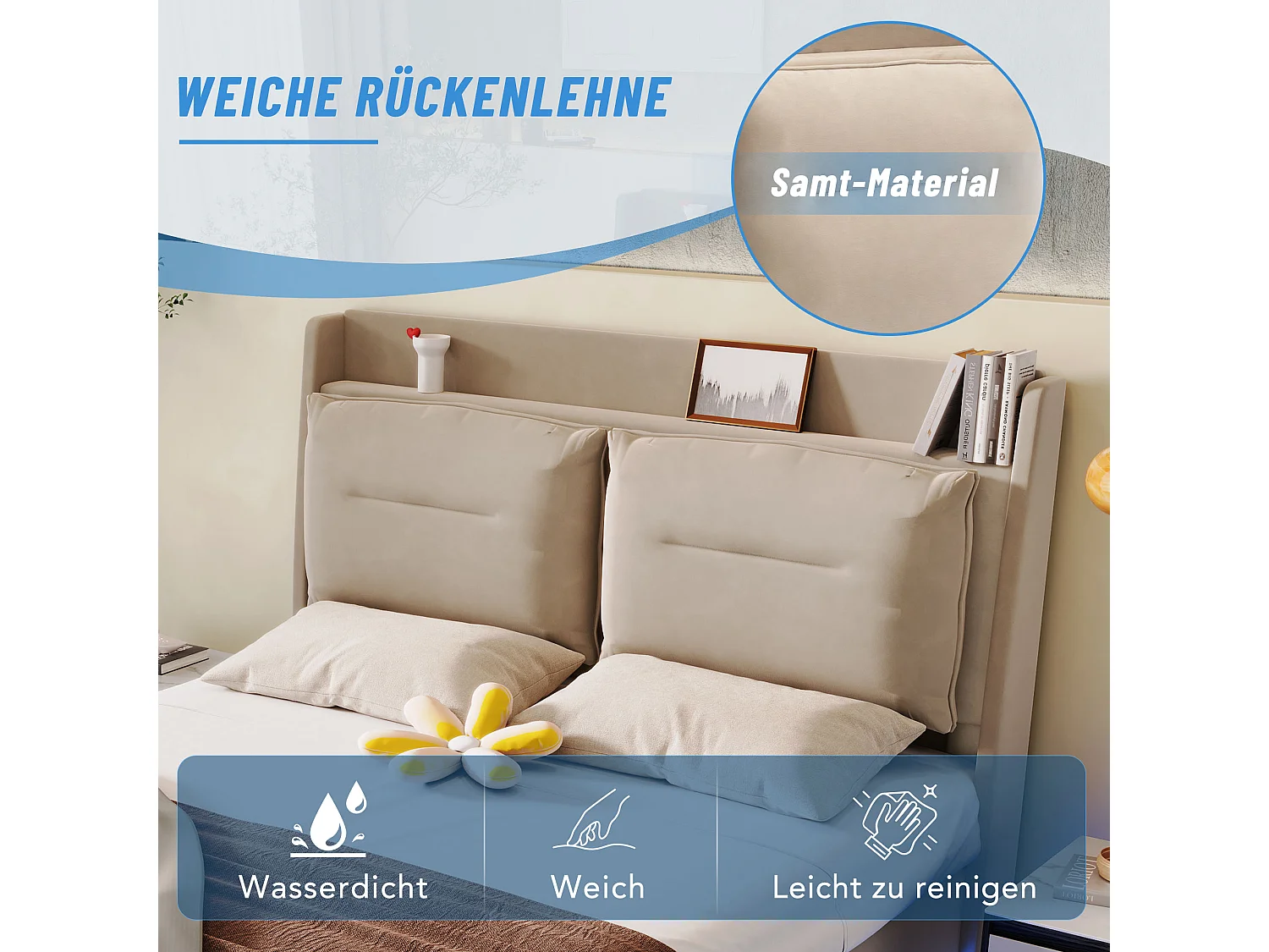 Lit LED avec rangement hydraulique, 2-in-1 tiroirs sous le lit, velours beige, 160x200 cm (198x30x18 cm)