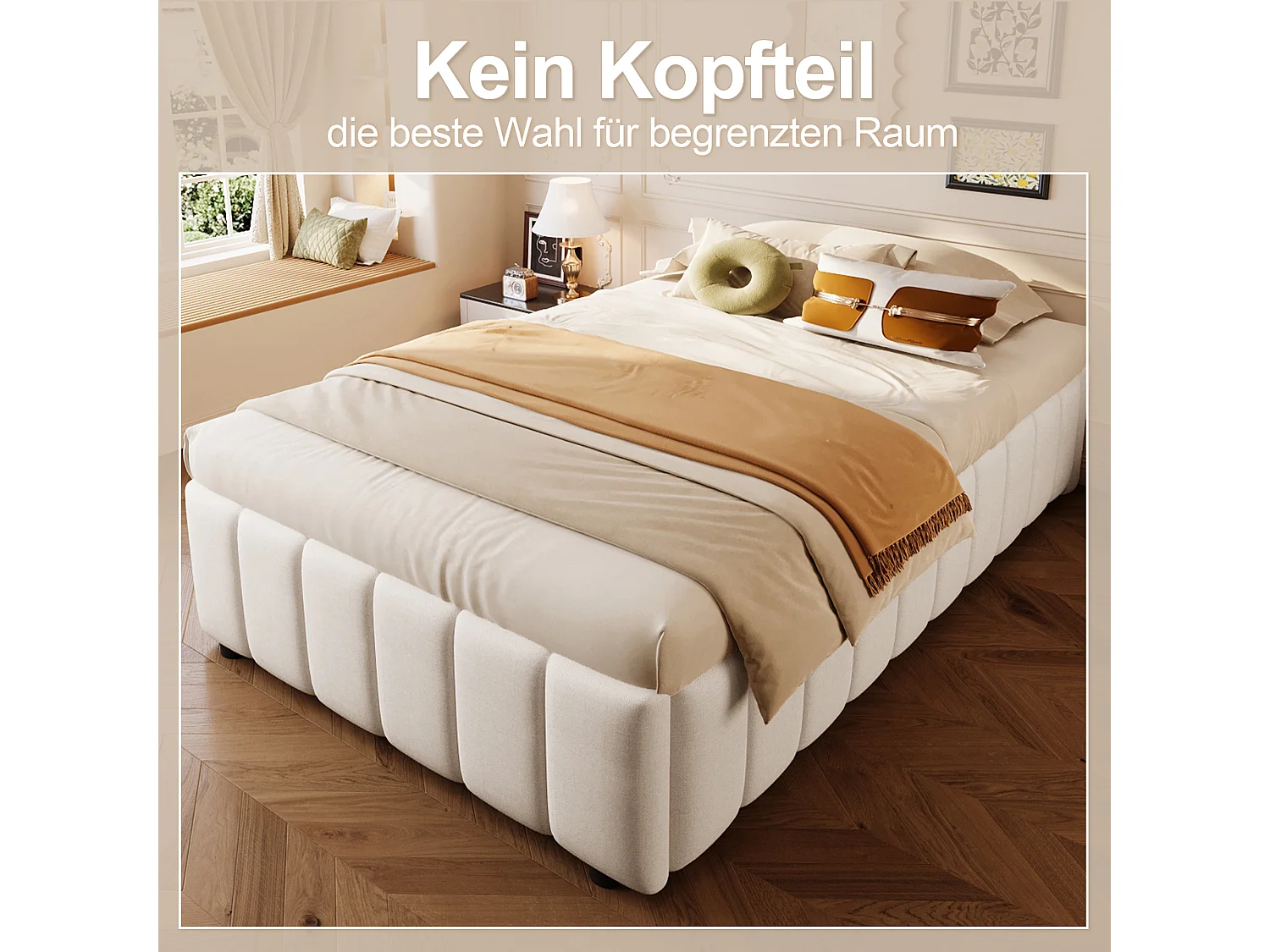 Cama con canapé hidráulico, 90x200cm, sin cabecero, lino, beige (201x91x32 cm)